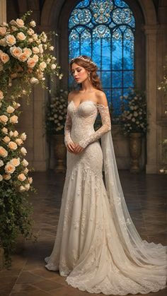 a woman in a wedding dress standing next to a flower arch