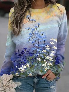 Multicolor Casual Graphic Tops Round Neck Long Sleeve Floral Printed Sweatshirts Spring Long Sleeve Printed T-shirt, Blue Long Sleeve T-shirt With Floral Print, Multicolor Long Sleeve Floral Print T-shirt, Blue Floral Print T-shirt For Fall, Floral Trends, Loose Tees, Floral Sleeve, Graphic Tops, Print Pullover