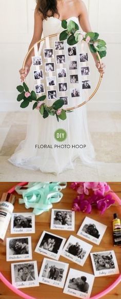 a woman standing in front of a table with pictures on it and the words diy