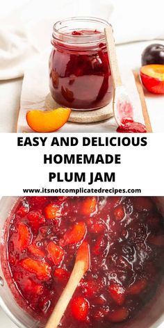 homemade plum jam in a glass jar with wooden spoon