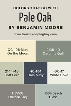 Colors That Go With Pale Oak OC-20 by Benjamin Moore Pale Oak Paint, Bm Pale Oak, Carolina Gull, Benjamin Moore Beach Glass, Hale Navy Benjamin Moore, Navy Color Scheme, Dove Painting, Chelsea Gray