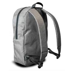 a gray backpack with black straps and zippers on the front, sitting against a white background