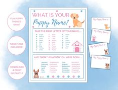 a printable puppy name game with pictures and instructions for puppies on the front