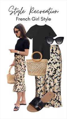 French Casual Outfits Summer, Straw Bag Outfit Casual, Black Skirt Outfit Street Style, Paris Inspired Outfits French Style, Floral Bag Outfit, Timeless Summer Outfits Classy, French Women Style Outfits Parisian Chic, Casual Spring Skirt Outfits, Parisian Style Spring 2024