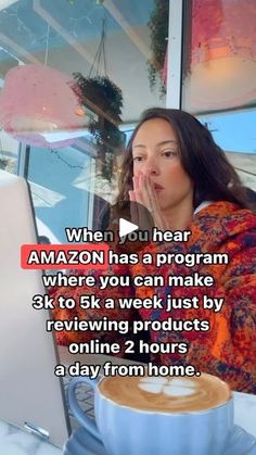 a woman sitting at a table in front of a laptop computer with the caption when you hear amazon has a program where you can make 3k