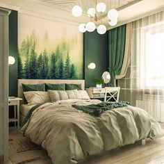 a bedroom decorated in green and white with a large painting on the wall above the bed