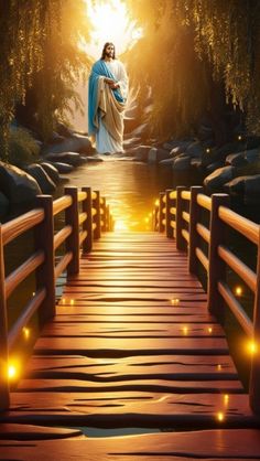 jesus walking across a bridge with lights on it