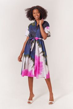 Sarah Shirtdress | Ink Tie Dye Spring Short Sleeve Shirt Dress With Tie Waist, Spring Shirt Dress With Tie Waist And Short Sleeves, Short Sleeve Tie Waist Shirt Dress For Fall, Short Sleeve Shirt Dress With Tie Waist For Fall, Chic Shirt Dress With Tie Waist For Casual Wear, Chic Shirt Dress With Tie Waist, Midi Shirt Dress With Tie Waist For Day Out, Fall Midi Dress With Tie Waist And Short Sleeve, Spring Collared Midi Dress With Tie Waist