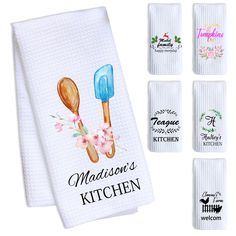 four personalized kitchen towels with spoons and flowers on them, one is white