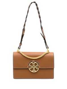 brown leather gold-tone hardware logo plaque single braided top handle foldover top magnetic fastening Luxury Brown Shoulder Bag With Logo, Luxury Brown Shoulder Bag With Logo Hardware, Luxury Brown Shoulder Bag With Chain, Luxury Brown Bag With Gold-tone Logo Plaque, Luxury Light Brown Shoulder Bag With Gold-tone Hardware, Tory Burch Shoulder Bag, Single Braid, Ladies Who Lunch, Tory Burch Bag