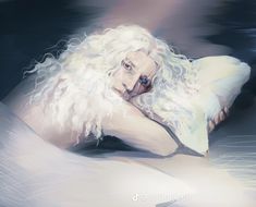 a digital painting of a woman with white hair and curly hair laying on the ground