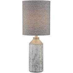 a gray and gold table lamp with a grey shade