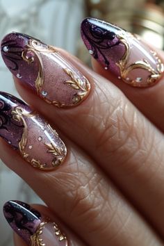 Purple Nail Designs 2024 Nail Art Mauve, Purple Gold Nails, Ornate Nails, Purple And Gold Nails, Amazing Nails