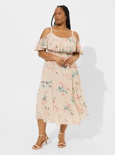 Tea Length Chiffon Cold Shoulder A-Line DressTea Length Chiffon Cold Shoulder A-Line Dress, ORCHID GARDENS FLORAL CHATEAU GRAY Garden Party Aesthetic, Trendy Plus Size Dresses, Chiffon Ruffle Dress, New Street Style, Party Aesthetic, Ruffled Dress, Dress Images, Tea Length Dresses, Chiffon Ruffle