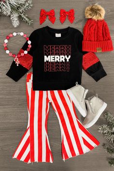 "Merry" Stripe Denim Bell Bottom Set Country Baby Girl, Denim Bell Bottoms, Sparkle In Pink, Trendy Christmas Outfits, Western Baby, Toddler Stuff, Christmas Clothes, Fall Wear, Big Sis