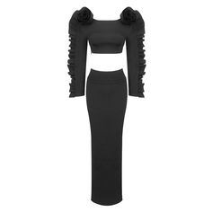 MADALENA Long Sleeve Bandage Set Feminine Elegance, High Waisted Maxi Skirt, Cascading Ruffles, Spandex Top, Bandage Dress Bodycon, Top Skirt Set, Summer Black, Ruffle Skirt, Knit Skirt