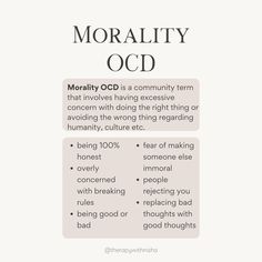 Morality OCD also known as scrupulosity can involve religious or moral obsessions. - repetitive praying - avoiding bad thoughts - fear of breaking rules - fear of rejection - overly concerned with being honest - fear of making others immoral ...and more! . . . . #ocd #anxiety #therapy #yyc Scrupulosity Ocd, Rejection Therapy, Ocd Brain, Fear Of Rejection, Cbt Therapy