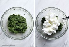 two pictures showing how to make spinach and cottage cheese in a glass mixing bowl