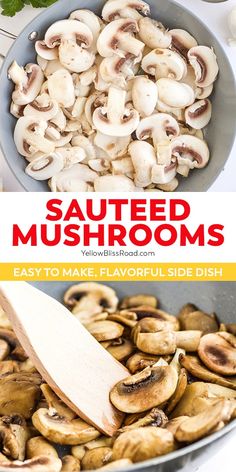 sauteed mushrooms in a pan with a wooden spoon