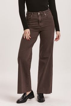 High rise wide leg jeans. It's cozy fit that sits at natural waist, embraces your natural curves and accentuates your hips and thigh. Full inseam on stretch denim featuring cut-off hem details add flair to these soft pants, available in designer colors, and finished with a center inseam press for a tailored look.11 1/2" Front Rise (include waistband), 24 1/2" Leg Opening, 31" inseam (Size 27) SUPER STRETCH: Plenty give, may go down one size 90% COTTON 8% POLYESTER 2% SPANDEX Machine wash cold, T Denim Essentials, High Rise Wide Leg Jeans, Soft Pants, Mocha Brown, Medium Wash Jeans, Natural Curves, Comfy Sweaters, Cozy Fits, High Rise Denim