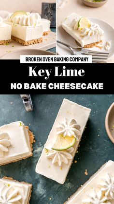 there are four pictures of key lime no bake cheesecakes on the table