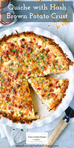 Quiche with Hash Brown Potato Crust in white pie pan. Recipe For Quiche, Hash Brown Quiche, Mini Breakfast Quiche, Hashbrown Quiche, Savory Brunch, Easy Breakfast Casserole Recipes, Potato Crust, Breakfast Quiche Recipes, Cheesy Eggs