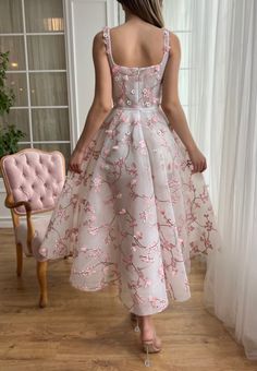 Midi Princess Dress, Long Tea Party Dress, Net Fabric Dresses, Cherry Blossom Prom Dress, Frock Designs For Women Party, Frocks For Women Net Fabric, Cherry Blossom Dress Prom, Floral Midi Dress Wedding, Cherry Blossom Dresses