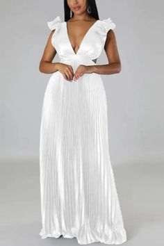 Deep V-neck Backless Lace-up Maxi Dress - S / White Stretch V-neck Maxi Dress, White Pleated V-neck Maxi Dress, White V-neck Pleated Maxi Dress, White V-neck Stretch Maxi Dress, White Stretch V-neck Maxi Dress, White V-neck Maxi Dress For Night Out, Stretch V-neck Maxi Dress For Date Night, Pleated V-neck Maxi Dress For Night Out, Pleated Sleeves