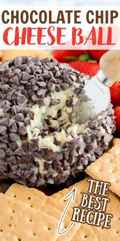 chocolate chip cheese ball on a plate with strawberries and crackers in the background