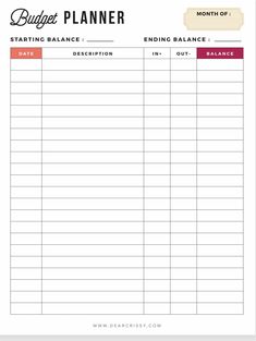 a printable budget planner with the words, starting balance and ending balance on it