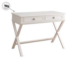 a white desk with two drawers and an arrow pointing to the drawer on it's side