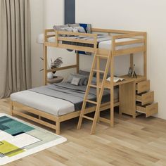 a wooden bunk bed sitting on top of a hard wood floor