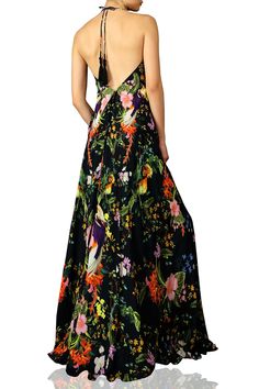 Make a dramatic entrance in a designer maxi dress by Kyle x Shahida, convertible dress that may be as a V-neck, halter neck, or one-shoulder style. Details: 100% Cupro Silk Allover Printed Maxi Dress Floral and Bird Print Multiway Maxi Dress V-Neck, Halter Neck, One-Shoulder Style Black Color Dry Clean Imported Hand Wash Cold Backless Summer Cocktail Gown, Summer Gala Halter Neck Dress, Summer Cocktail Backless Gown, Spring Gala Long Halter Dress, Flowy Halter Maxi Dress For Evening, Spring Gala Lace Maxi Dress, Summer Gala Maxi Dress, Summer Cocktail Gown, One-shoulder, Summer One-shoulder Gown