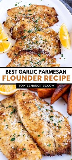 the best garlic parmesan fish fillet recipe on a white plate with lemon wedges