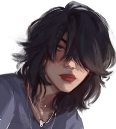 a drawing of a woman with black hair and red lips, wearing a blue shirt