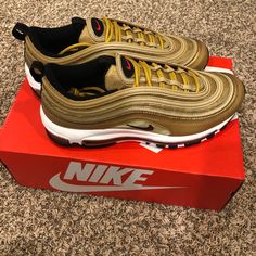 Brand New In Box Nike Air Max 97 Og Qs Metallic Gold/Varsity Red Size 8 Authentic Gold Air Max Sneakers For Streetwear, Gold Sneakers With Air Max Cushioning For Streetwear, Gold Sneakers With Air Cushioning For Sports, Gold Casual Sneakers With Air Max Cushioning, Casual Gold Sneakers With Air Max Cushioning, Nike Gold, Puma Platform Sneakers, Nike Air Max 97, Kids Nike