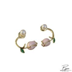 Bjux - Pendientes de perlas tulipán rosa de diseño pendientes de perno prisionero Pearl Drop Earrings As Spring Gifts, Elegant Pearl Earrings As A Spring Gift, Pink Feminine Pearl Earrings, Spring Pearl Earrings As Gift, Geometric Type, Pink Tulips, Earrings Stud, Style Korean, Pearl Stud Earrings