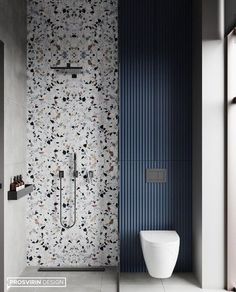 a modern bathroom with black and white wallpaper