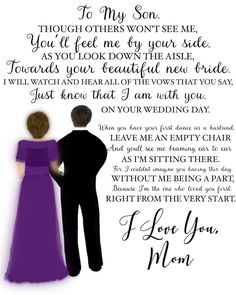 a man and woman standing next to each other in front of a white background with the words i love you mom