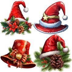 three christmas hats with holly wreaths and pine cones