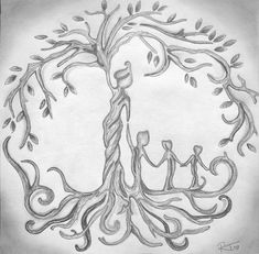 a drawing of a tree with people holding hands and the word love written on it