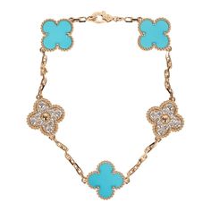 This Vintage Alhambra 5 motif bracelet is in in turquoise and 18K yellow gold and has two clover motifs set with white diamonds with with a hallmark lobster claw clasp.Origin: FranceCondition: New and never worn Accompanied by: VCA box, VCA green jewelry box, authenticity card and carebookMeasurements: 0.5" x 0.5" motif pendant; 7" bracelet length Authentic Vans, Hermes Birkin 25, Green Jewelry, Birkin 25, Madison Avenue, Van Cleef Arpels, Van Cleef, White Diamonds, Lobster Claw