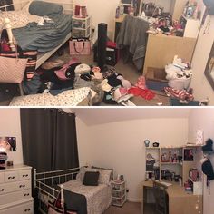 two pictures side by side one with a bed and the other with clothes on it