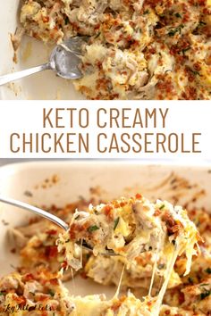 Keto Creamy Chicken Casserole is a perfect meal option for busy weeknights. Deliciously made with shredded chicken, spaghetti squash, cream cheese, mayo, sour cream, mozzarella cheese, crispy bacon, and seasoned beautifully. This easy dinner is gluten-free, grain-free, low carb, and keto. Shredded Chicken Spaghetti, Squash Cream Cheese, Keto Creamy Chicken, Creamy Chicken Casserole, Joy Filled Eats, Chicken Spaghetti Squash