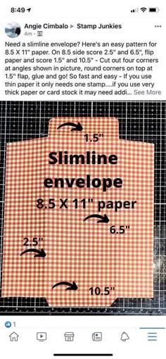 an orange and white sign that says slimine envelopes are 11 x 11 paper