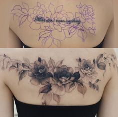 the back of a woman's shoulder with flowers on it