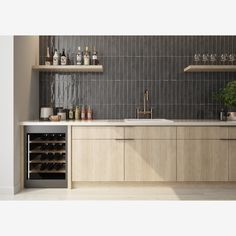 a kitchen with wooden cabinets and shelves filled with wine bottles, glasses, and other items