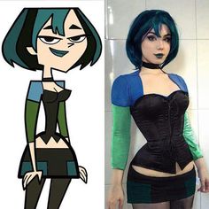 a cartoon character with blue hair and black stockings, next to an image of her body