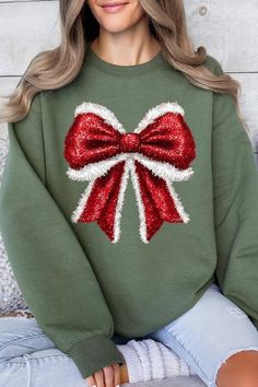 **NOT REAL GLITTER or SEQUINS** Christmas Santa Bow Graphic Fleece Sweatshirts.Unisex Crew Neck Long Sleeve Sweaters Knits.Crafted from premium materials, tailored to your lifestyle, ensuring a comfortable fit for any occasion.Family Group Uniforms Birthday Party Gift Concert Festival Events.High Quality Direct To Film Printed Graphic Design.50%COTTON,50%POLYESTERNICARAGUAMade In: Nicaragua Festive Long Sleeve Fall Sweatshirt, Casual Festive Sweatshirt For Fall, Casual Fall Festive Sweatshirt, Green Holiday Sweatshirt For Fall, Green Fall Holiday Sweatshirt, Black Long Sleeve Sweatshirt For Holiday, Green Winter Sweatshirt For Gift, Green Winter Sweatshirt For Gifts, Green Winter Sweatshirt Gift