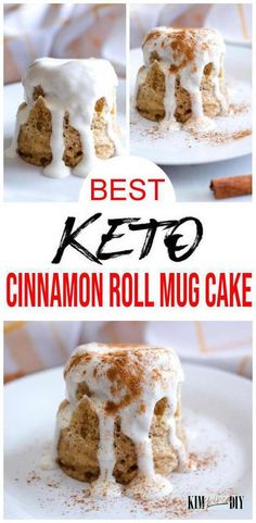 the best keto cinnamon roll mug cake with icing on top is shown in three different pictures